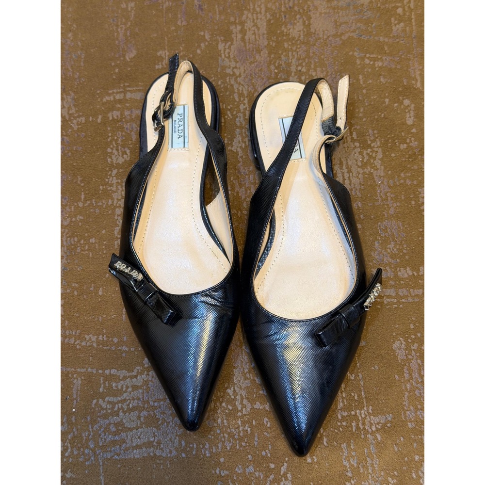 Prada Black Saffiano Leather Pointed Toe Bow Slingback Flats Size 36